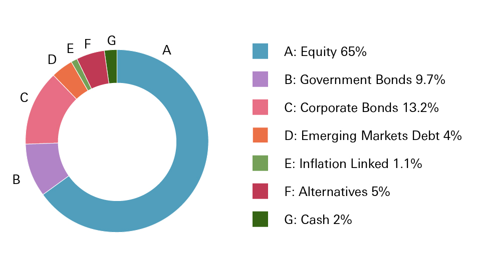 Equity 66.38%, Bonds 16.99%, Absolute return 8.40%, Money Market & Cash 8.23%